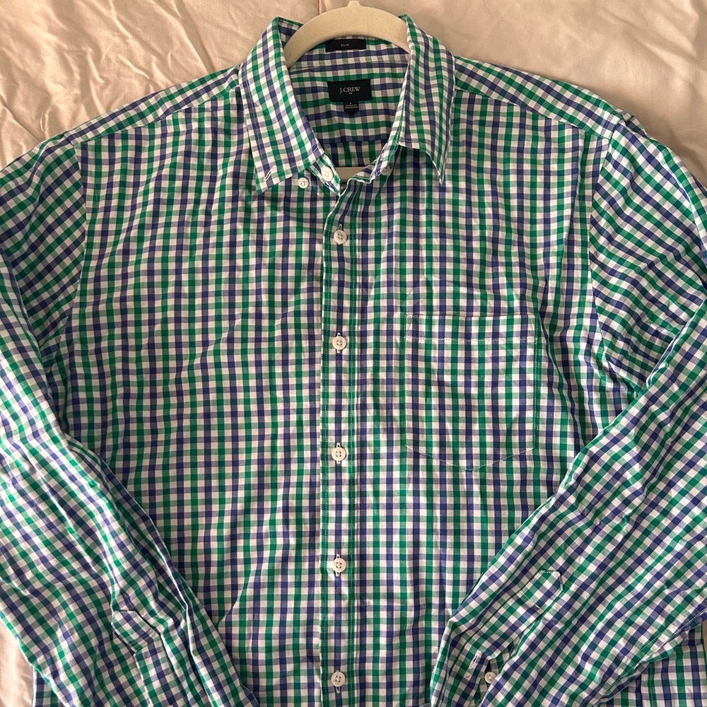 J. Crew Men's Checkered Shirt in Green and Blue